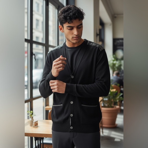 John Varvatos Other - John Varvatos Men's Black Silk V-Neck Knit Cardigan with Leather Trim